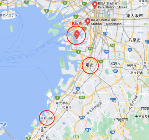 IKEAから堺までの地図