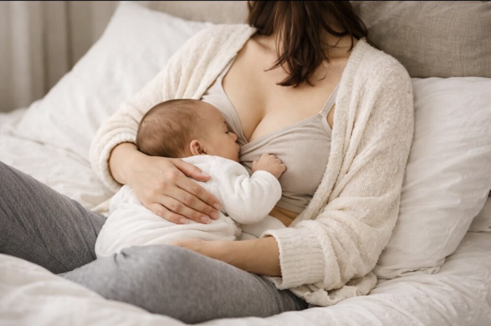 ベットで授乳しようとしている母親