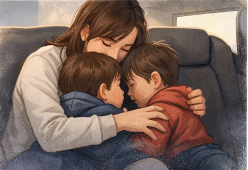 母親が、息子二人を抱きしめている様子