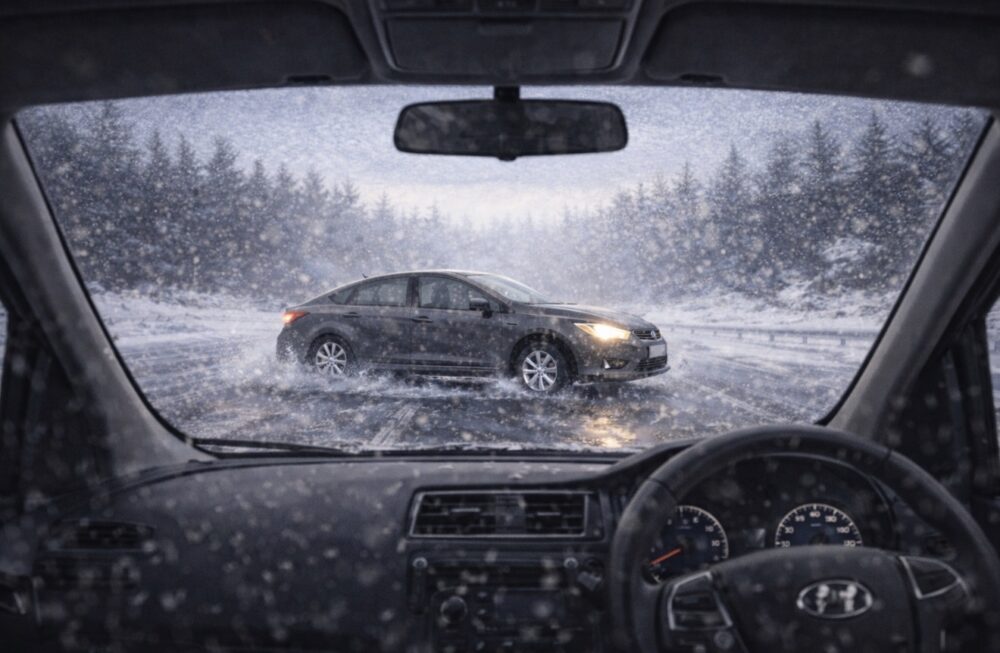 雪道をスリップして横滑りしている車