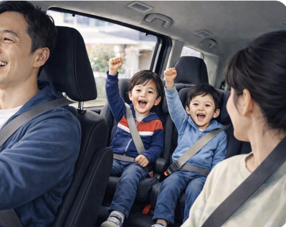 家族でスキー旅行 車内で盛り上がっている様子