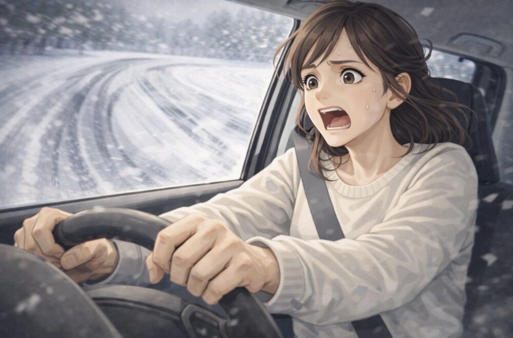 雪道で車が滑って動揺している女性
