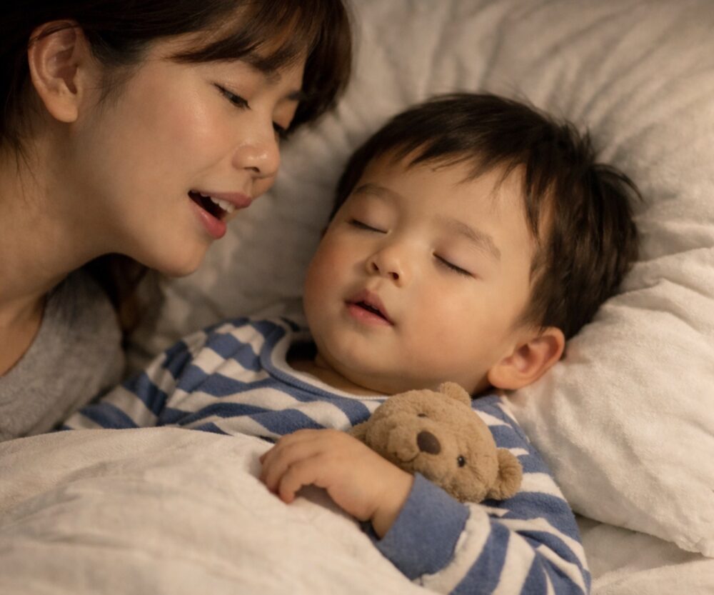 ベッドで寝かしつけをする母親