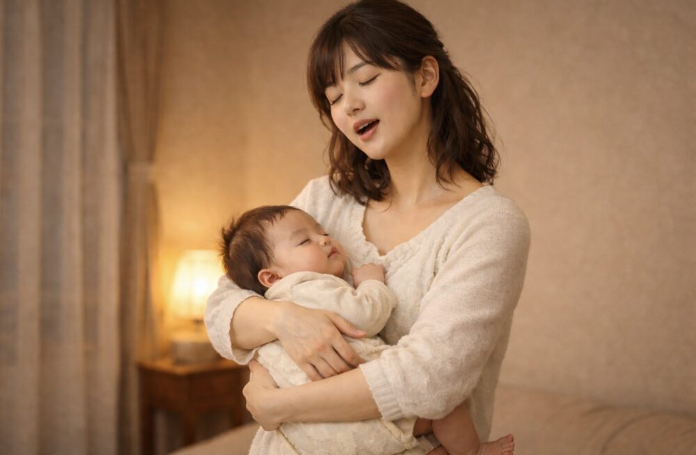 赤ちゃんの寝かしつけをする母親