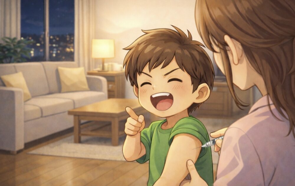 寝る前に成長ホルモン注射を打つ男の子