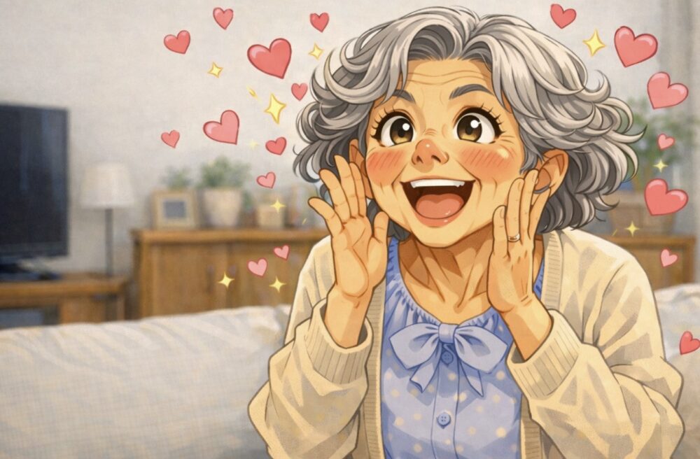 嬉しくて、笑顔いっぱいになって話をするおばあちゃん