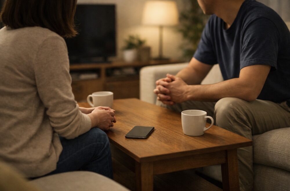 リビングで話し合いをしている夫婦