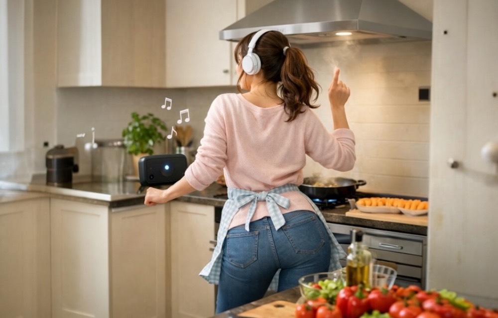 キッチンで音楽を聴きながら、ノリノリで料理する女性