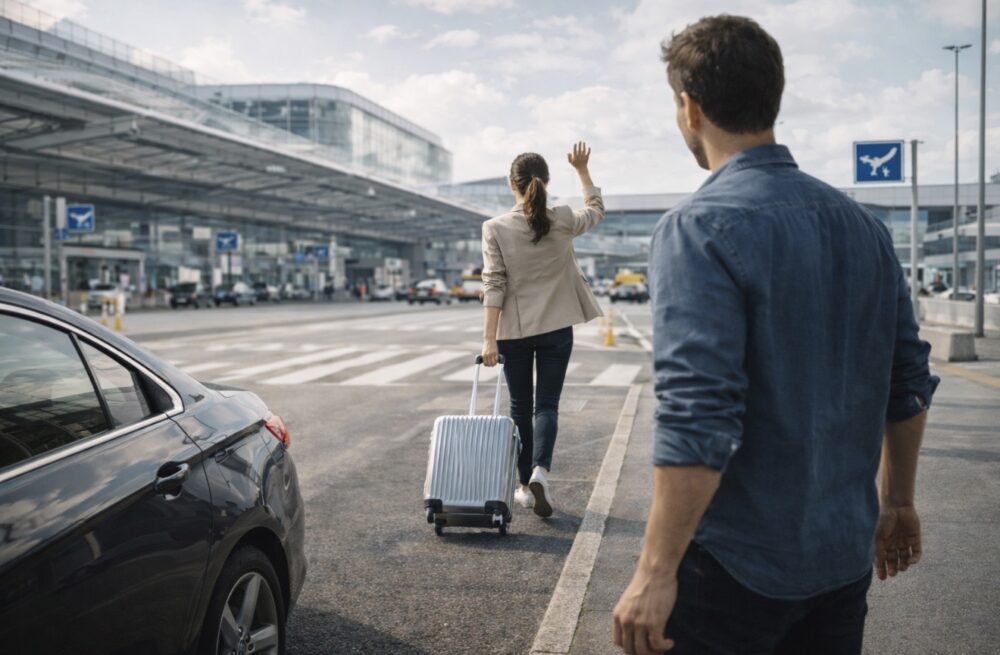 空港で夫に背を向け旅立つ妻