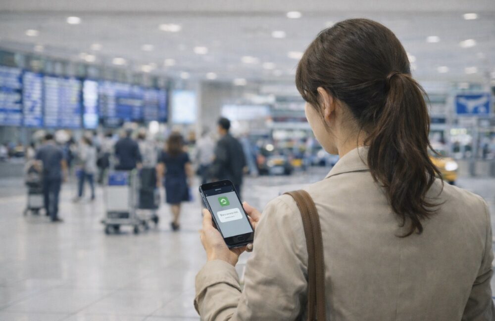 空港で携帯を見る女性