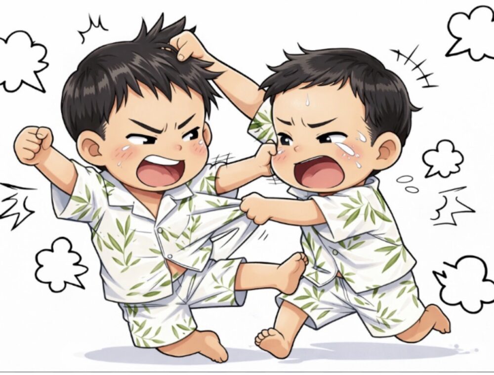 男の子二人が、喧嘩しているイラスト