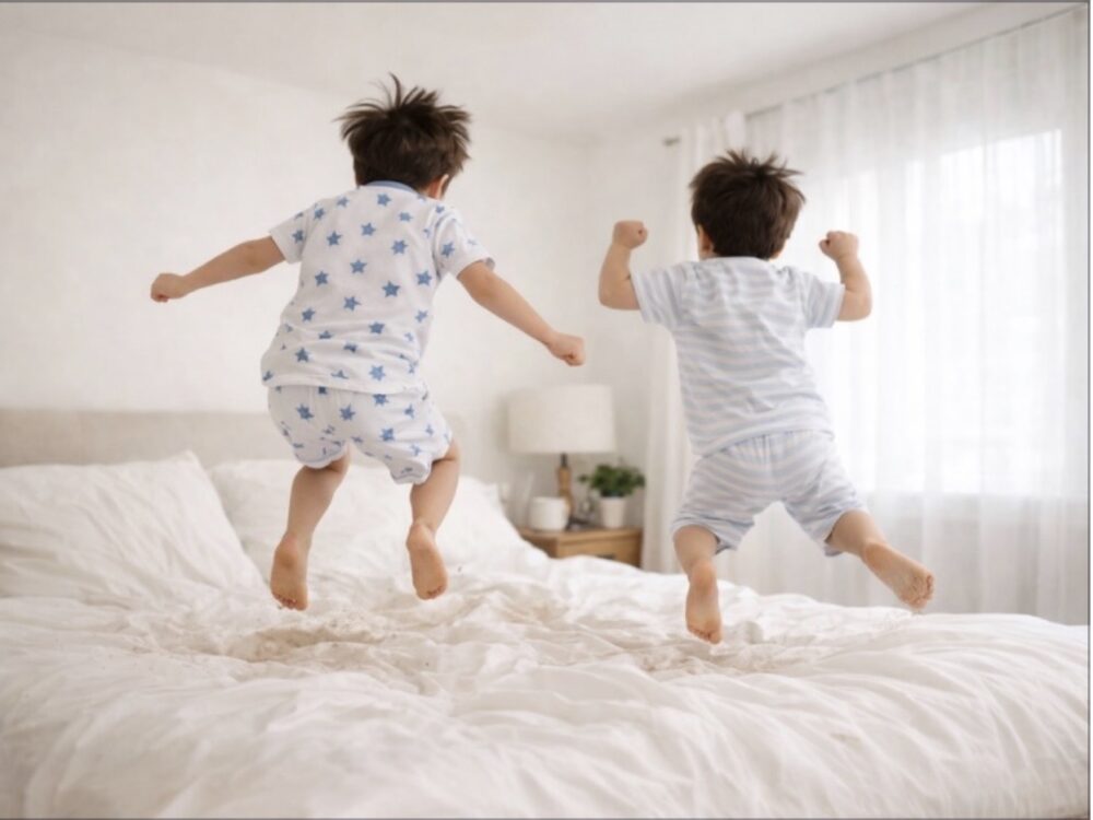 ベットの上で飛び跳ねる子供たち