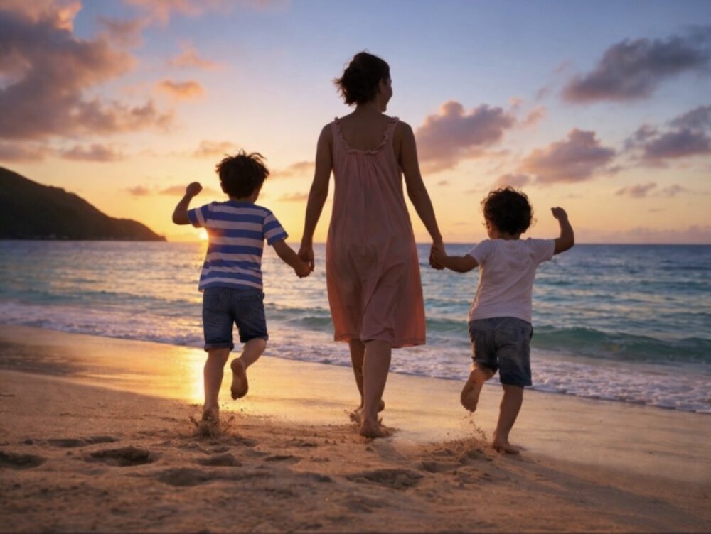 手をつないで海をお散歩する親子