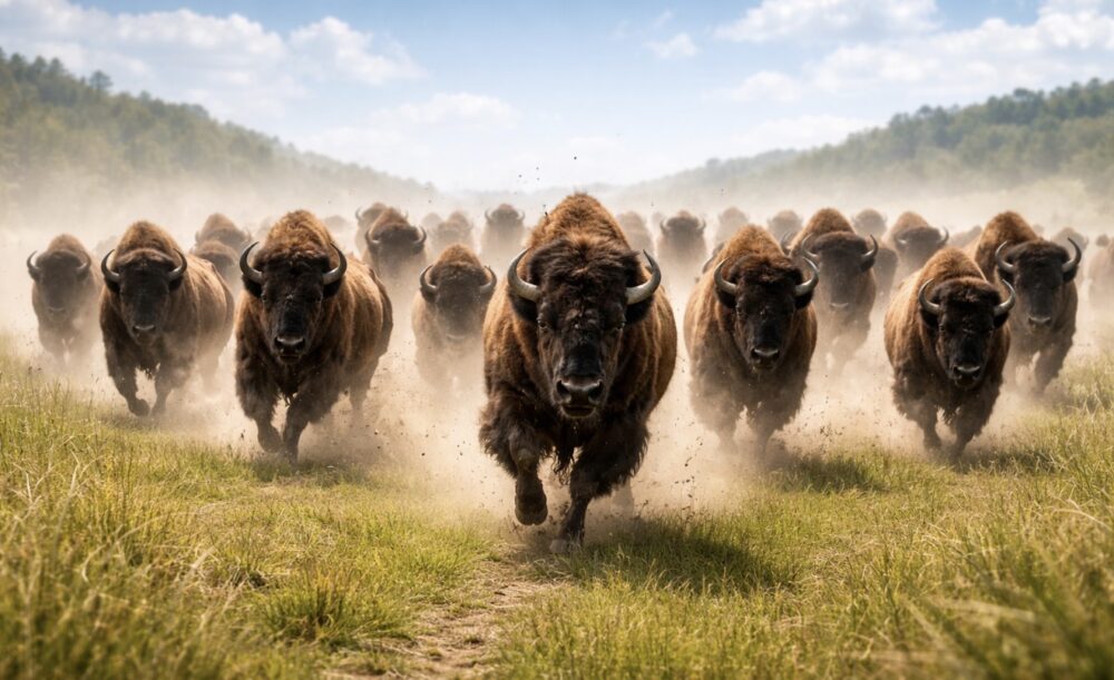 一気に突進してくるバッファローの群れ
