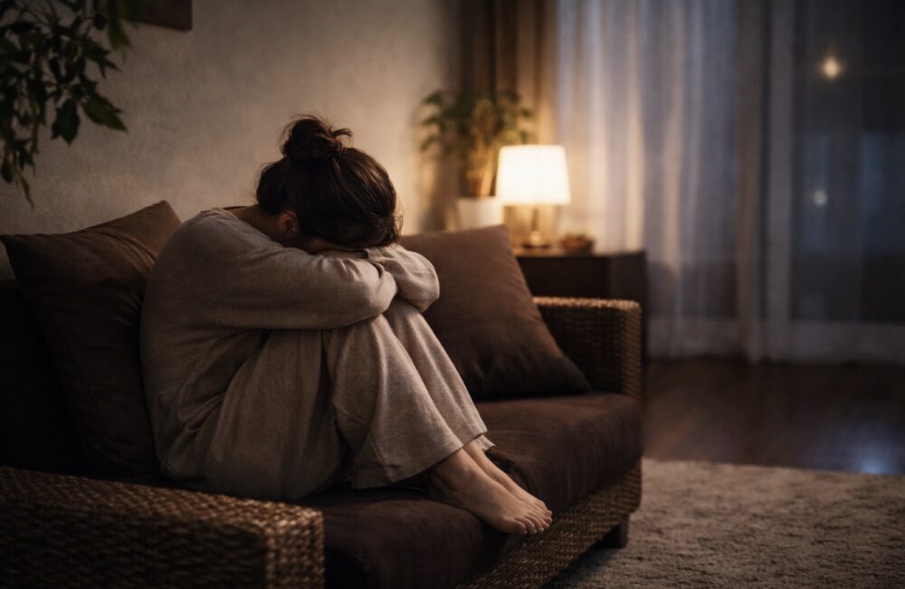 ソファーに三角すわりをして、顔をうずめてふさぎ込む女性