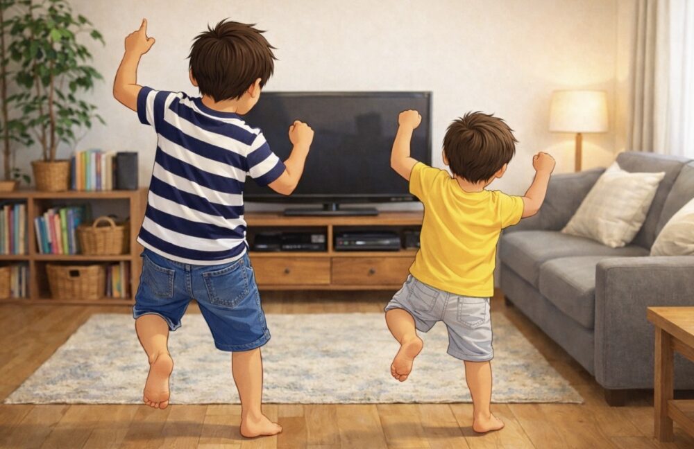 兄弟でリビングでダンス