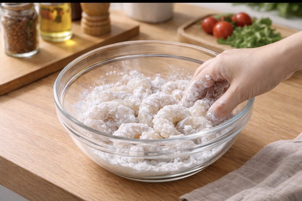 エビに片栗粉をまぶす