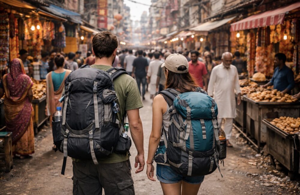 インドを歩くバックパッカーの男女カップル