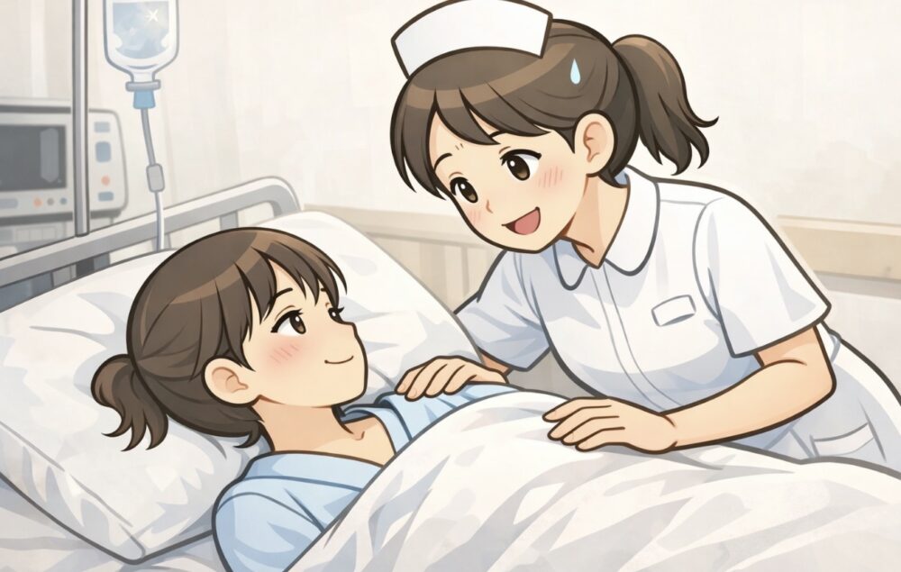 看護師さんと病室のベッド