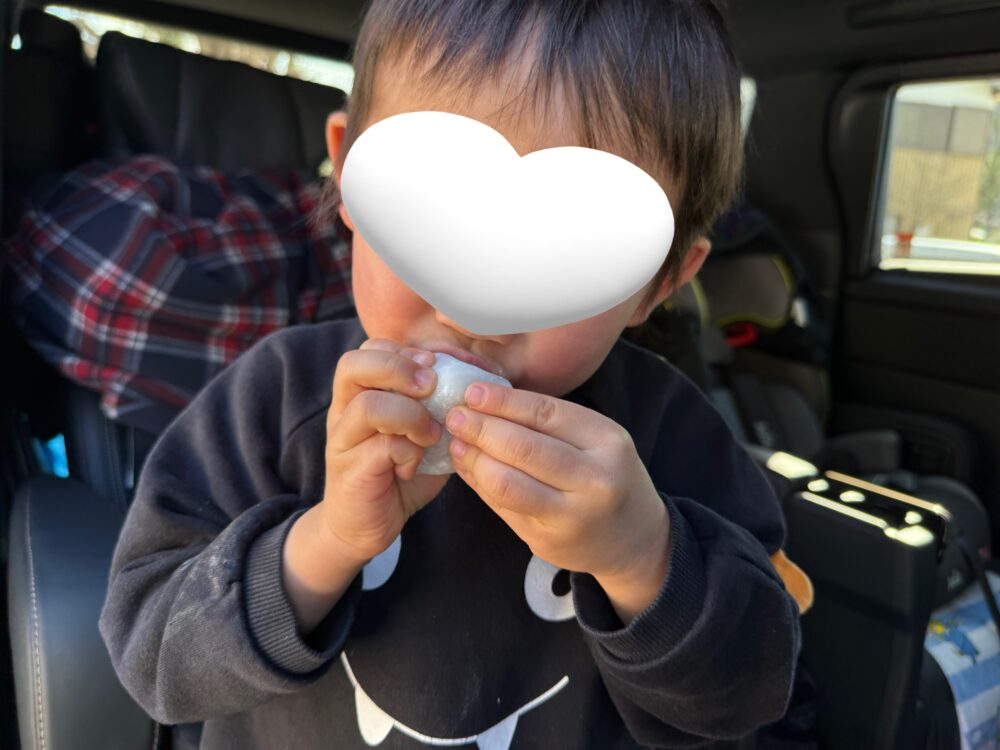 高砂屋製菓の神鍋名物　「とち餅」屋さんのいちご大福にかぶりつく4歳児