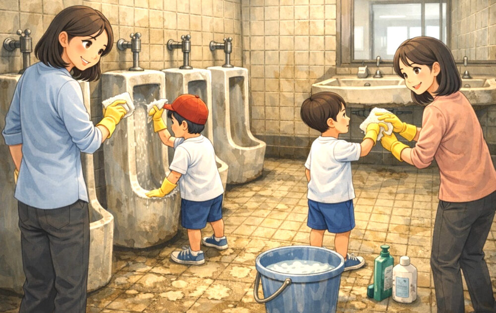 トイレ大掃除に参加する保護者