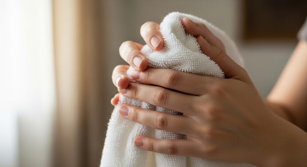 手をタオルで拭いている様子