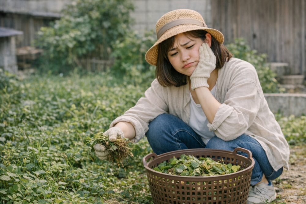 草取りに苦労する女性